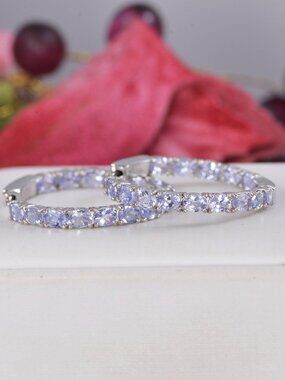 Natural Genuine Tanzanite Inside Out Hoop Earrings 925 Sterling Silver